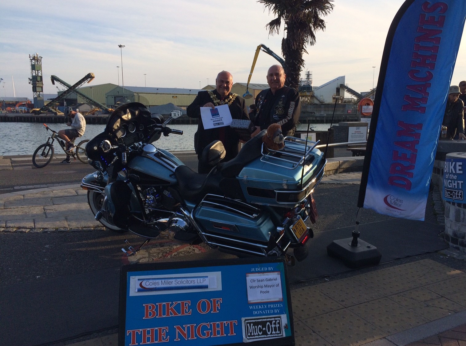 Winning Motorbike and owner on Poole Quay 